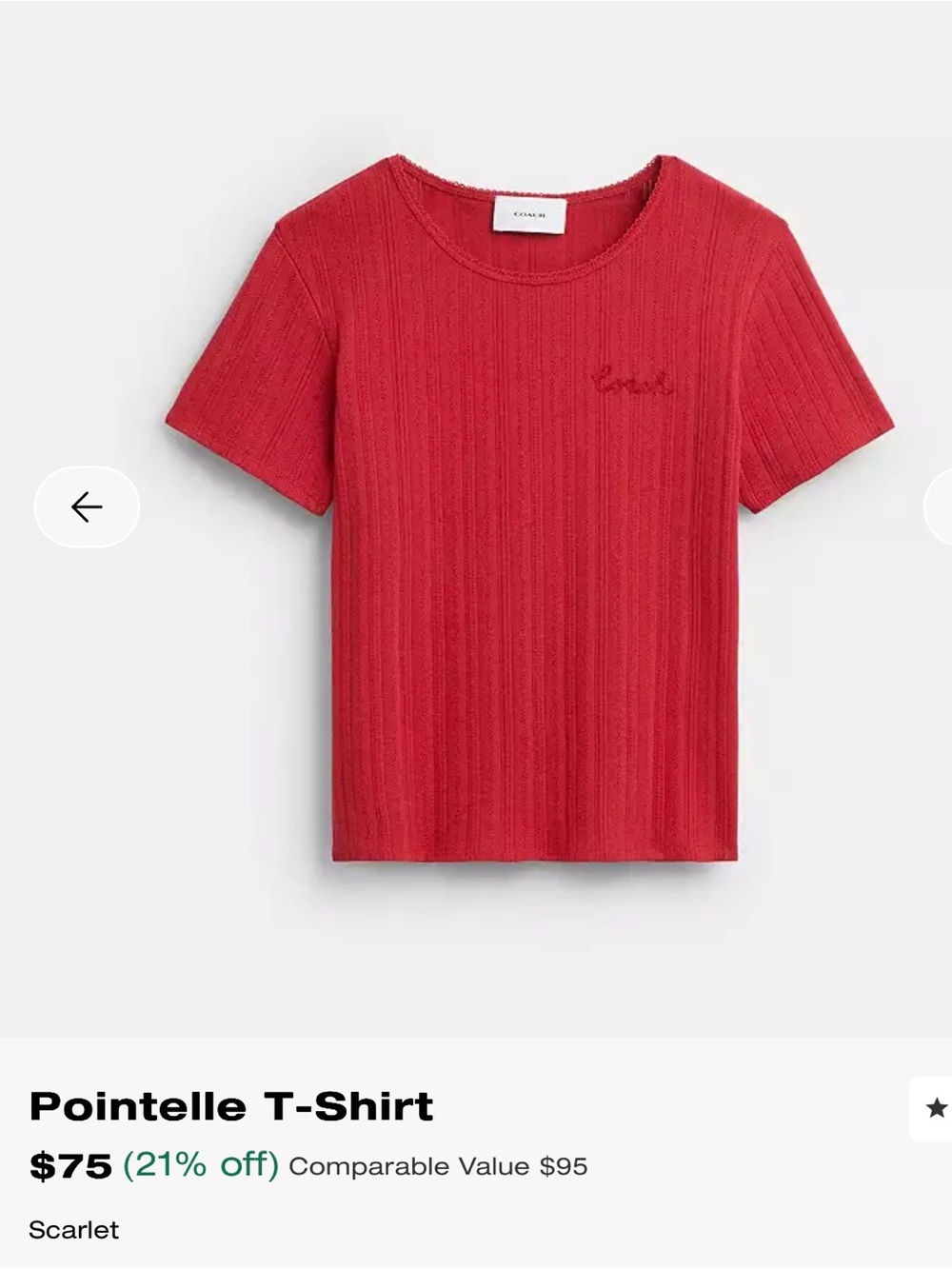 Coach Women’s Red Ribbed Short Sleeve Tee
